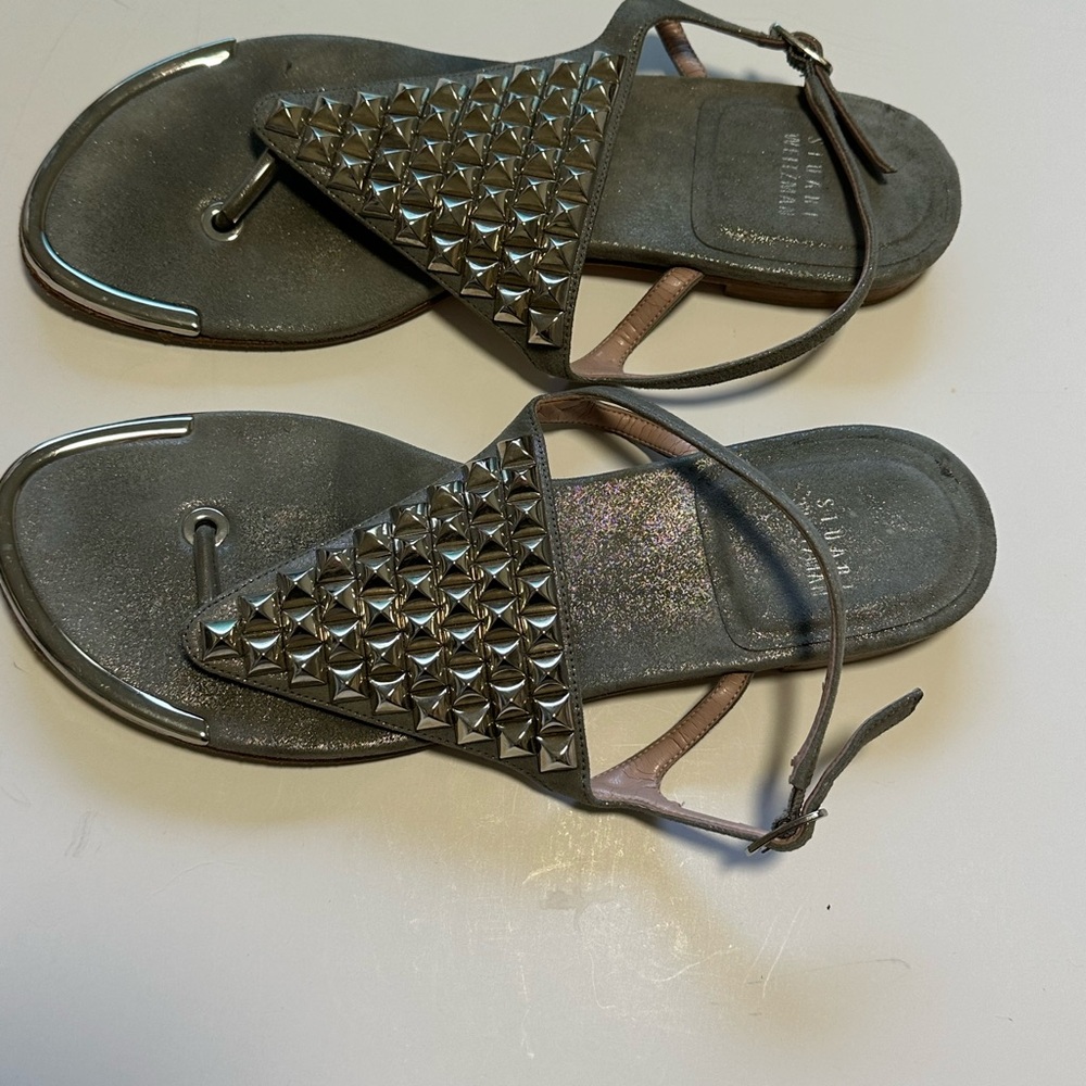 Stuart Weitzman Pyramids Thong Sandal 8 M Black Leather  Pre Owned - Picture 6 of 7